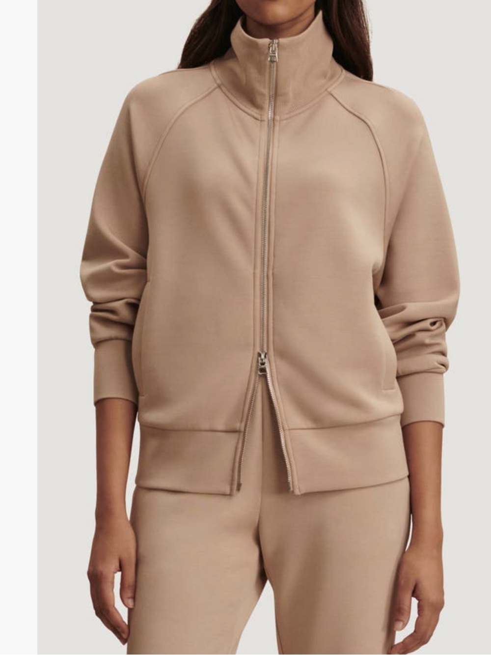 VARLEY Tyde Mixed Media Zip Front Sweatshirt | Light Taupe | Size L